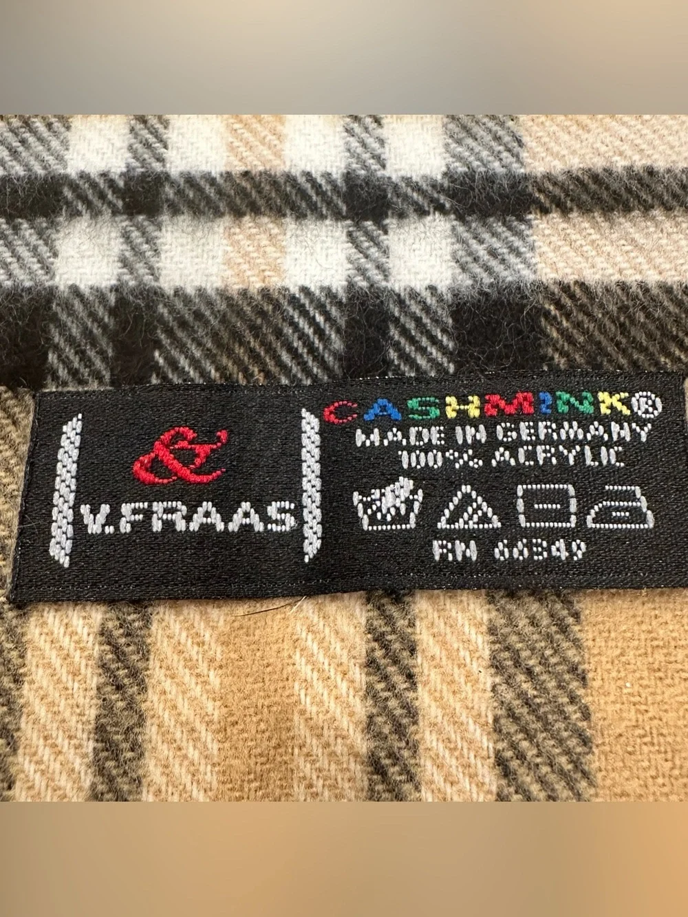 V. Fraas Cashmink Plaid Scarf Tan Red Black Fringed Made In Germany Soft Vintage